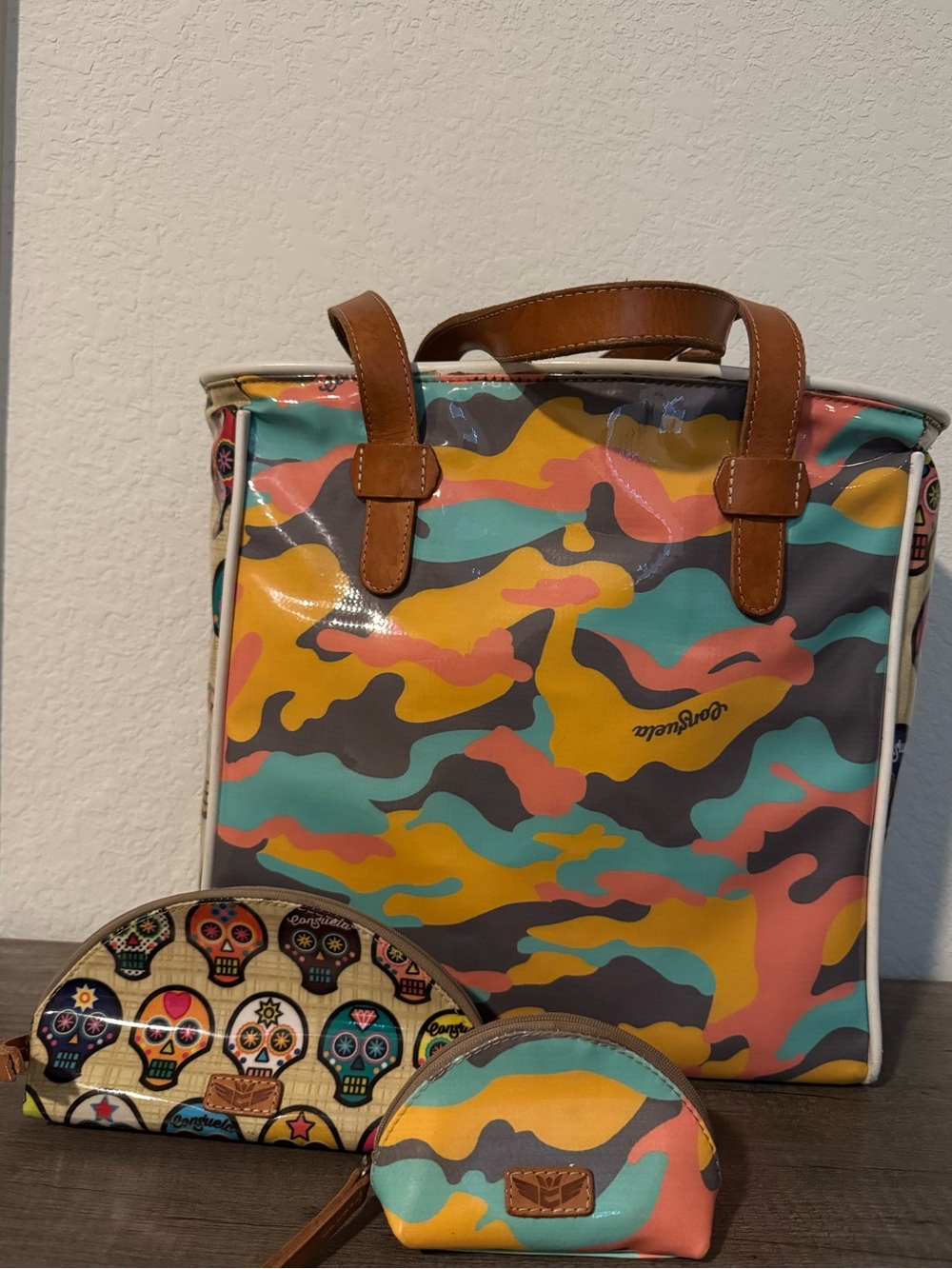Consuela Colorful Camouflage Tote Bag with Matching makeup pouches small/Medium